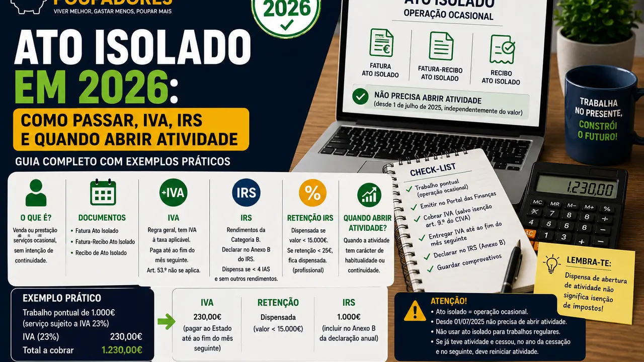 Ato Isolado em 2026: Como Passar, Quanto Pagas de IVA e IRS e Quando Tens de Abrir Atividade