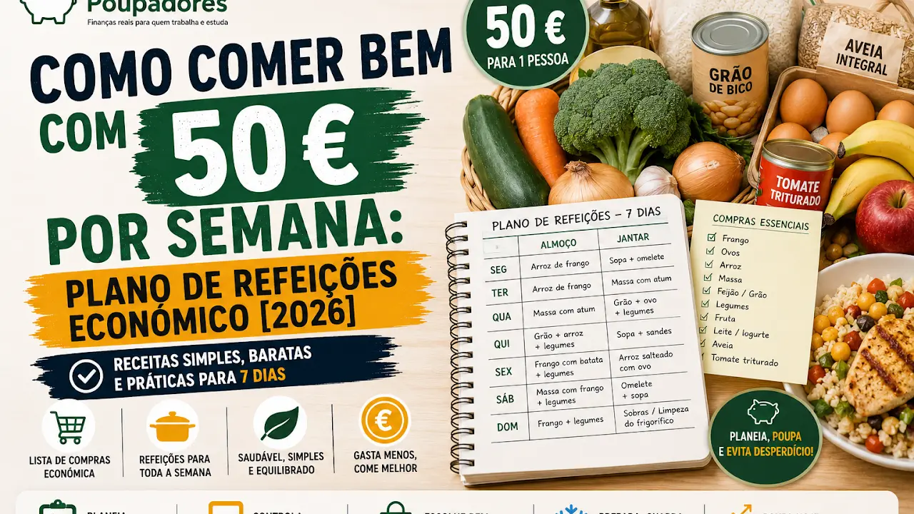 Ingredientes simples, recipientes e plano semanal de refeições numa cozinha