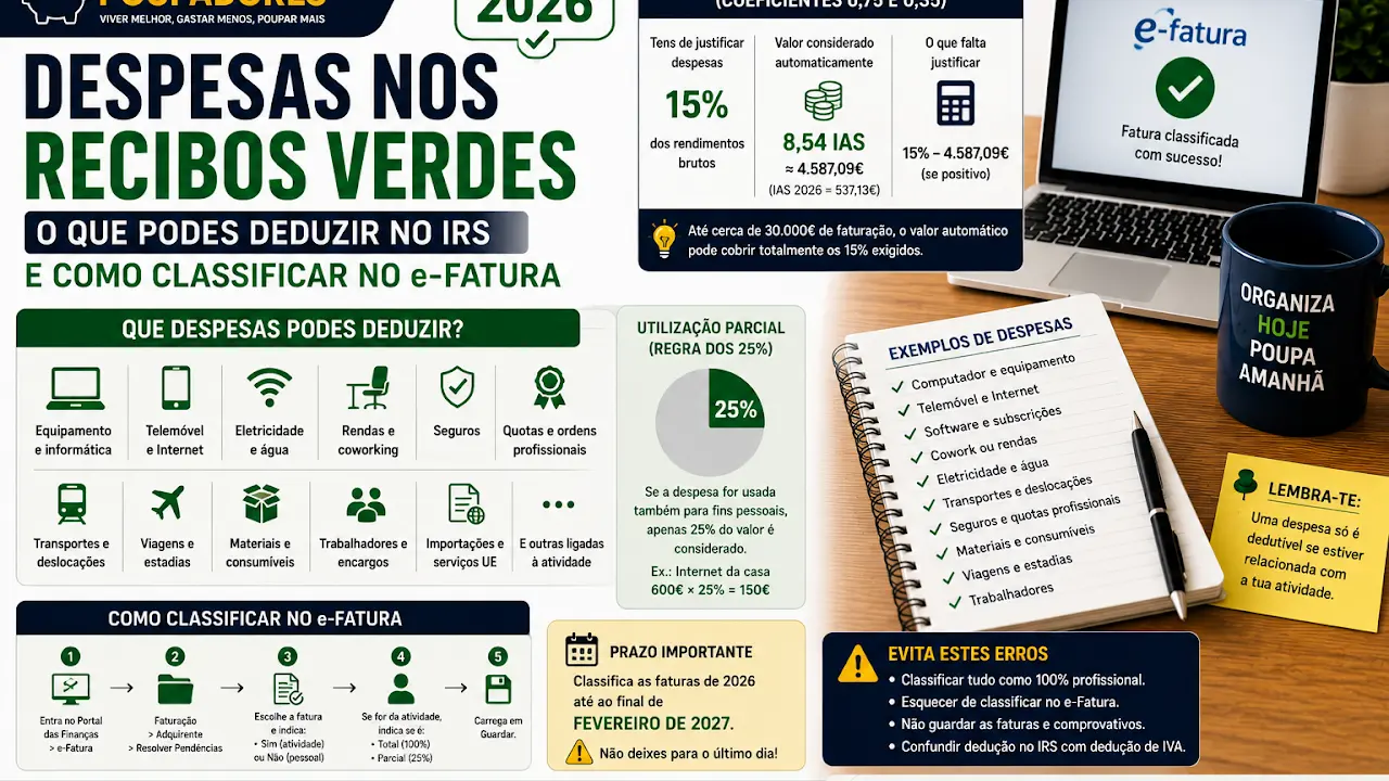 Despesas nos Recibos Verdes em 2026: O Que Podes Deduzir no IRS e Como Classificar no e-Fatura